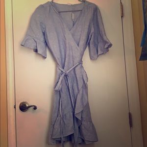 Blue and white pinstripe wrap dress